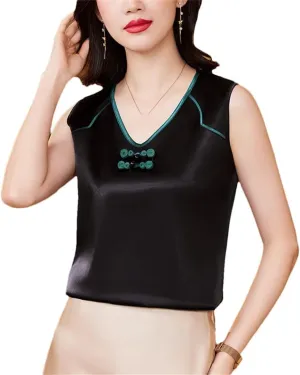 Women Spring Summer Fashion Tank Tops Patchwork Silk Satin Sleeveless Camisole Tops