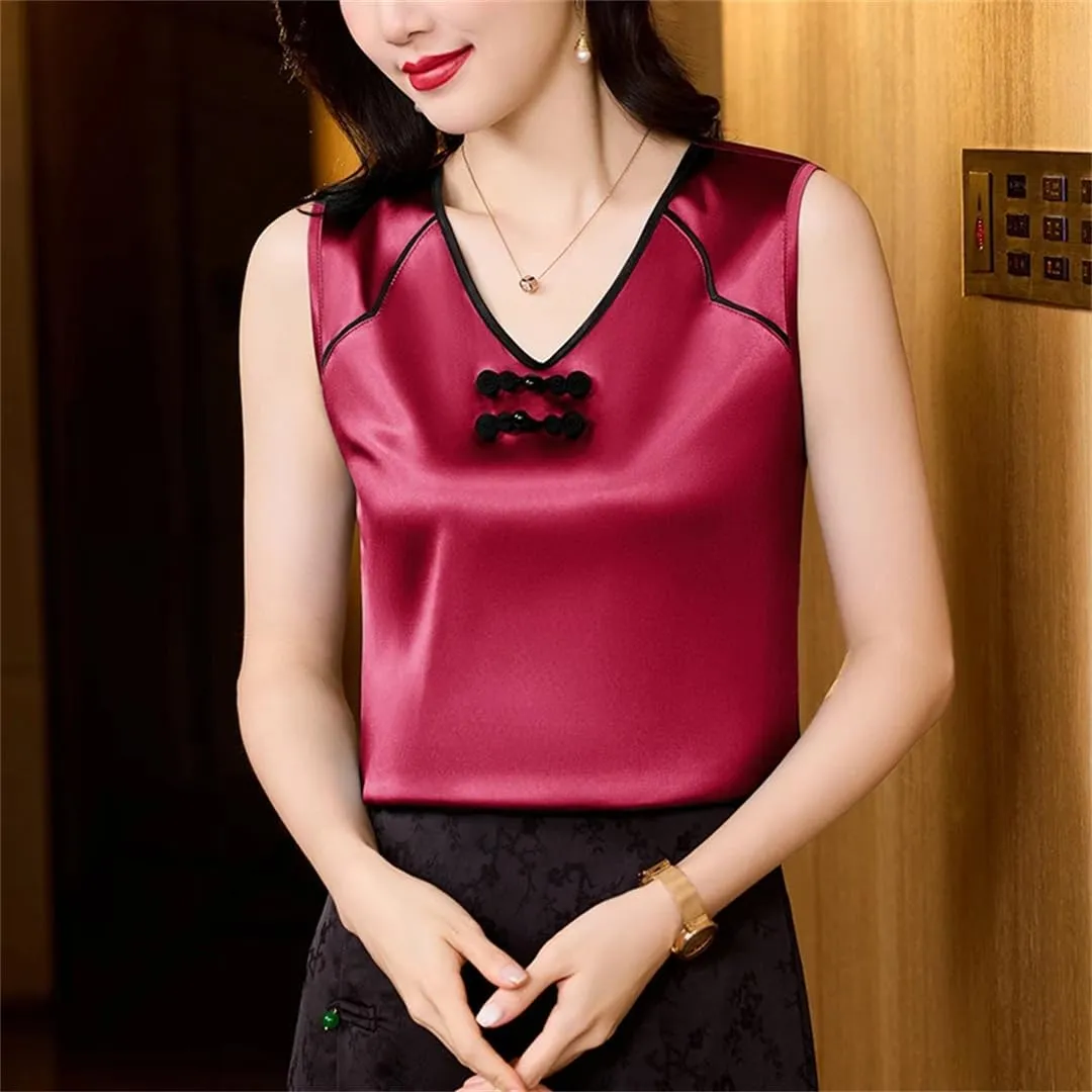 Women Spring Summer Fashion Tank Tops Patchwork Silk Satin Sleeveless Camisole Tops