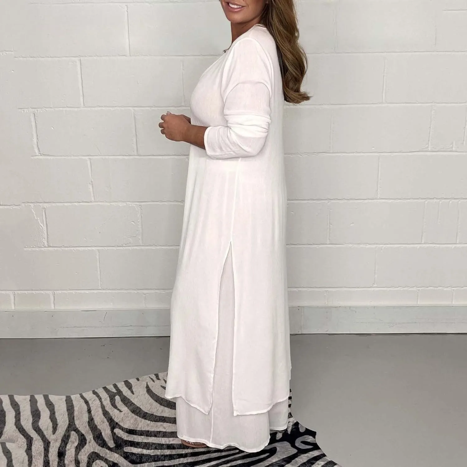 Women Summer 2 Piece Sets Front Split V-Neck Long Sleeve Dress Tops Flowy Beach Vacation Wide Leg Lounge Pants Outfits