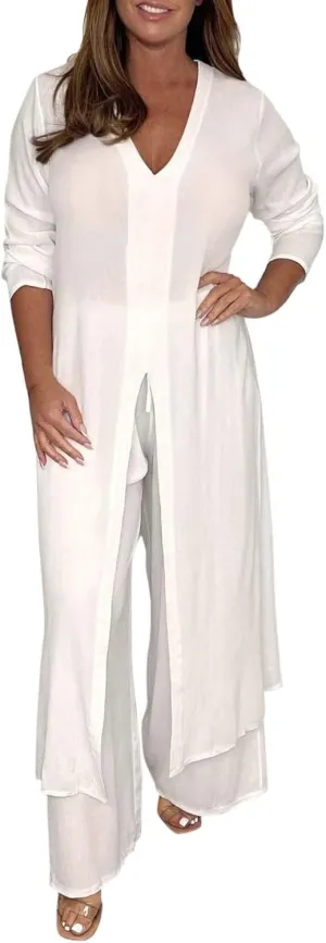Women Summer 2 Piece Sets Front Split V-Neck Long Sleeve Dress Tops Flowy Beach Vacation Wide Leg Lounge Pants Outfits