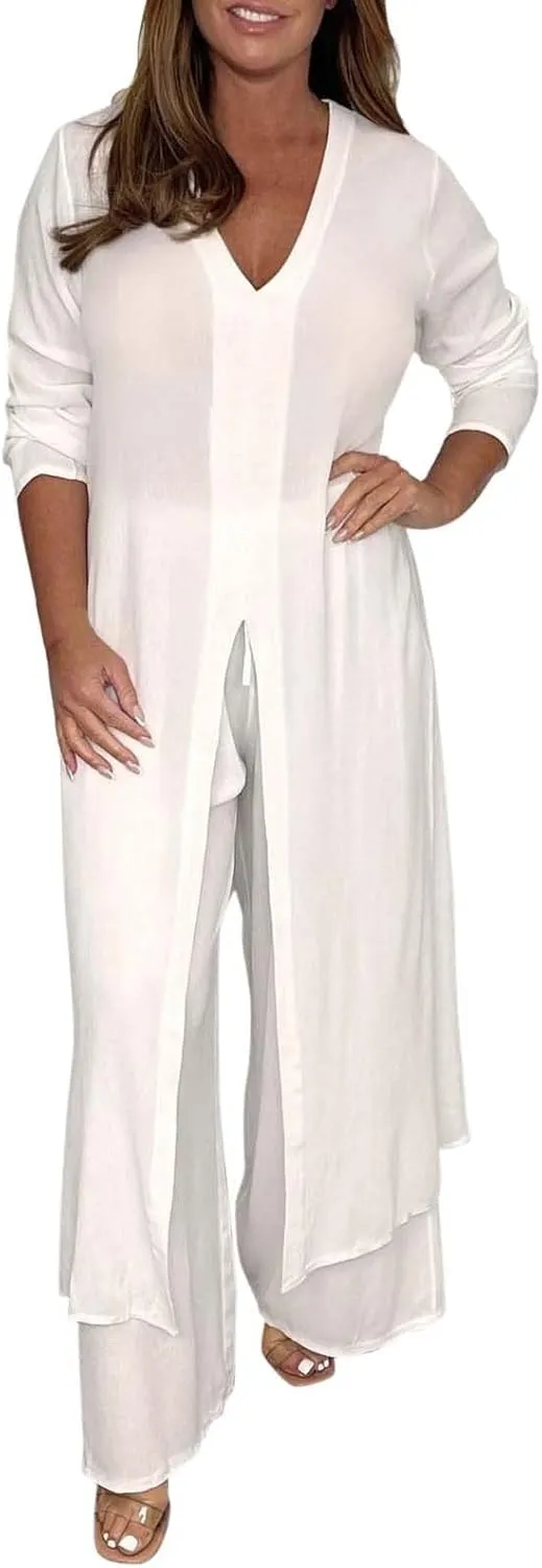 Women Summer 2 Piece Sets Front Split V-Neck Long Sleeve Dress Tops Flowy Beach Vacation Wide Leg Lounge Pants Outfits