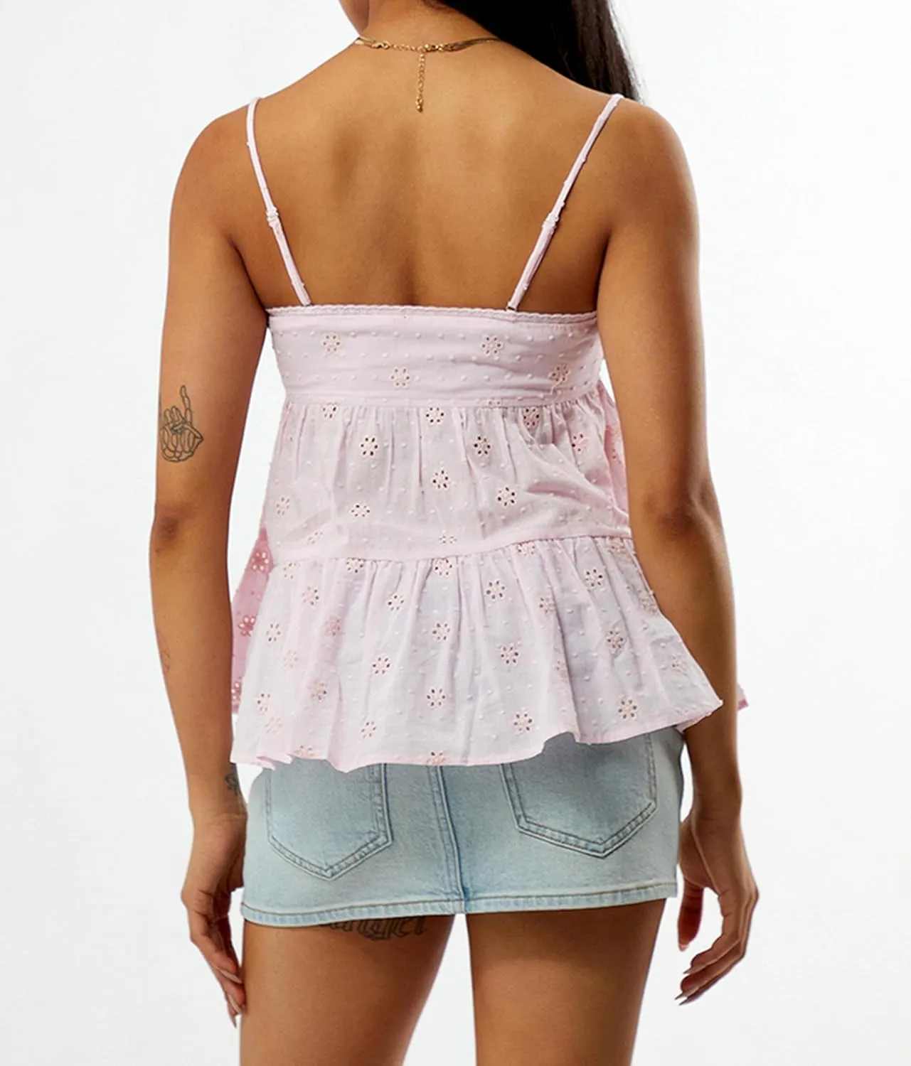 Women Teens Y2k Babydoll Tops Spaghetti Strap Eyelet Embroidery Tank Top Summer Ruffle Flowy Camisole Streetwear