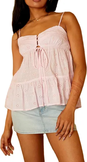 Women Teens Y2k Babydoll Tops Spaghetti Strap Eyelet Embroidery Tank Top Summer Ruffle Flowy Camisole Streetwear