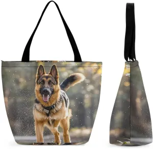 Women Tote Bags with Handles Running German Shepherd Dog Shoulder Bag with Zipper Handbags Shopping Bags Travel Bag Beach Bag Reusable Grocery Bag for Swim Holiday Gift