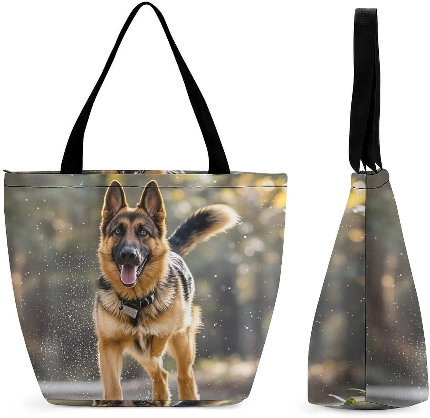 Women Tote Bags with Handles Running German Shepherd Dog Shoulder Bag with Zipper Handbags Shopping Bags Travel Bag Beach Bag Reusable Grocery Bag for Swim Holiday Gift