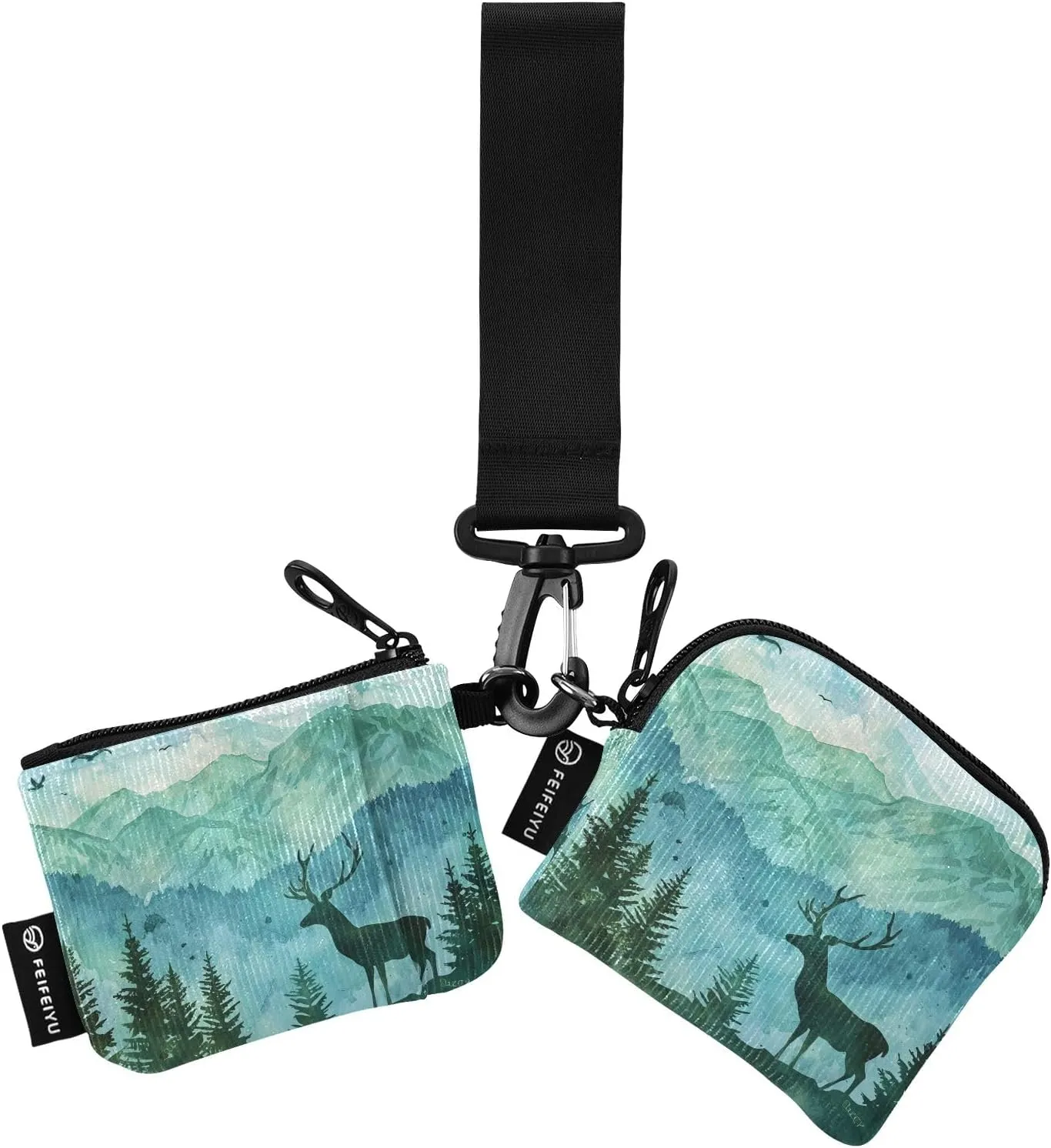 Women Wristlet Coin Purse Keychain Card Wallet Change Pouch Deer Landscape Portable Mini Bags Dual Pouch