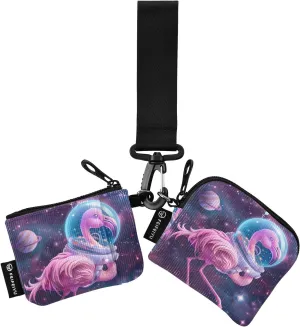 Women Wristlet Coin Purse Keychain Card Wallet Change Pouch Flamingo Space Portable Mini Bags Dual Pouch
