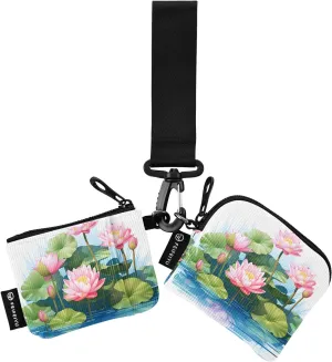 Women Wristlet Coin Purse Keychain Card Wallet Change Pouch Pink Lotus Portable Mini Bags Dual Pouch