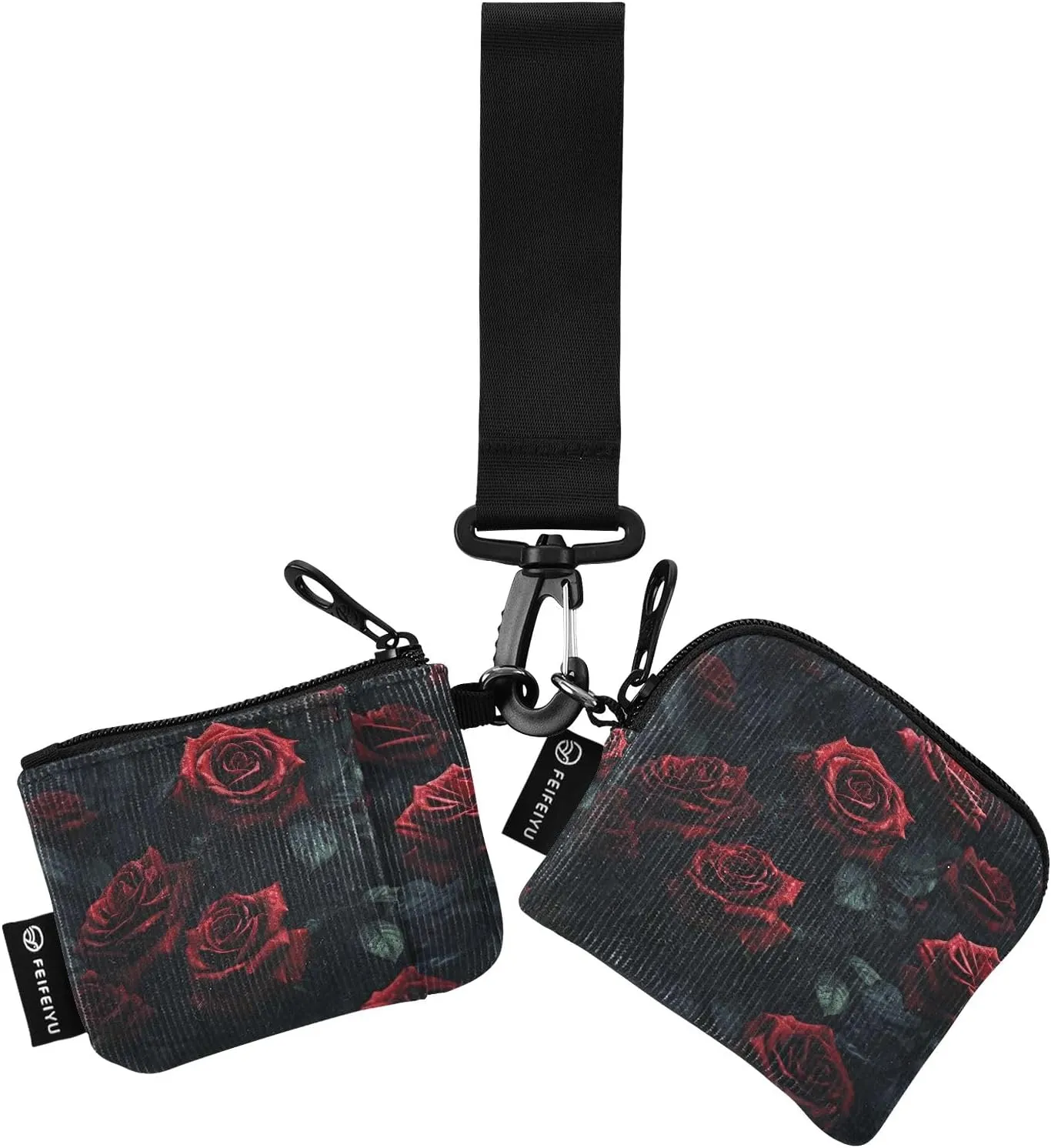 Women Wristlet Coin Purse Keychain Card Wallet Change Pouch Rose Crimson Portable Mini Bags Dual Pouch