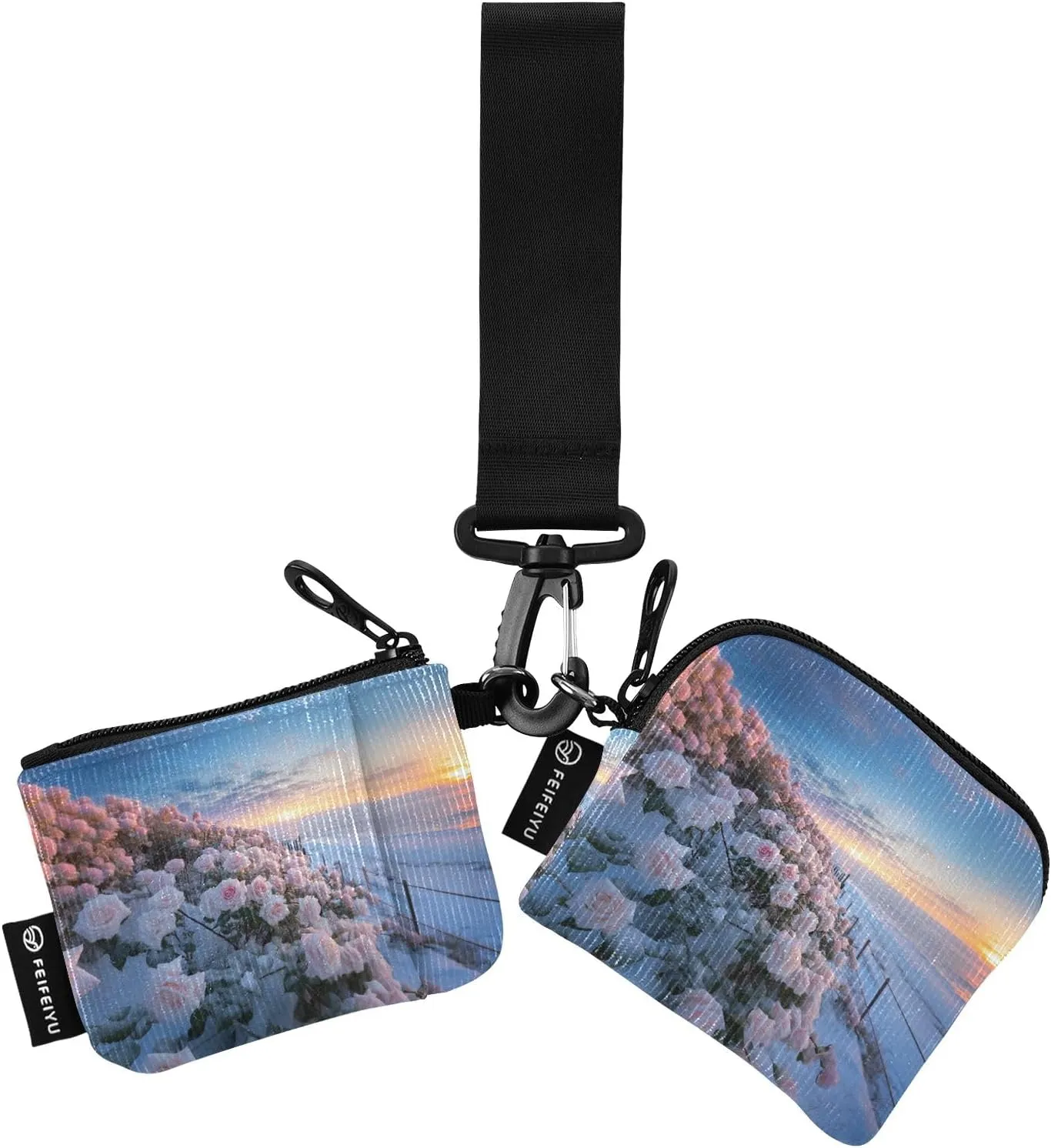 Women Wristlet Coin Purse Keychain Card Wallet Change Pouch Rose Winter Portable Mini Bags Dual Pouch
