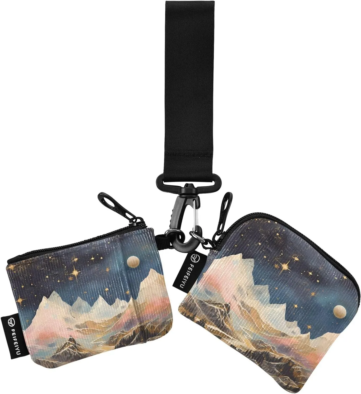 Women Wristlet Coin Purse Keychain Card Wallet Change Pouch Starry Moutain Portable Mini Bags Dual Pouch