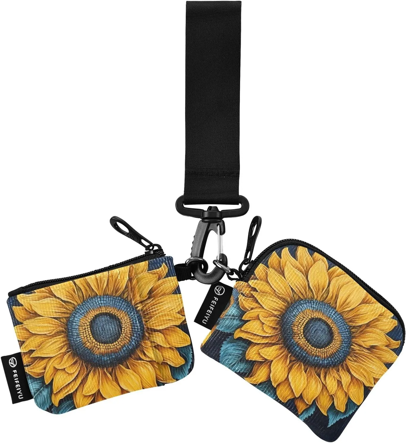 Women Wristlet Coin Purse Keychain Card Wallet Change Pouch Sunflower 2 Portable Mini Bags Dual Pouch
