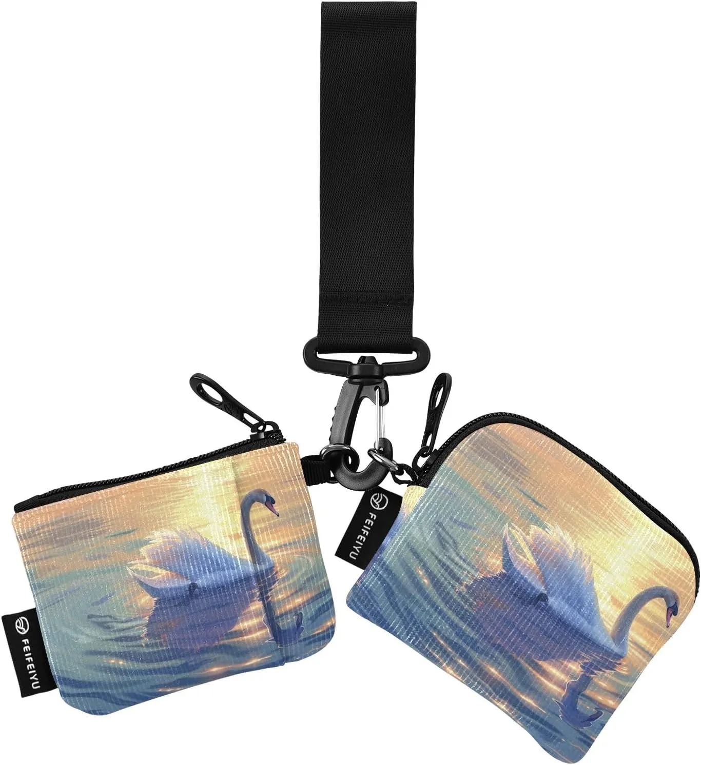 Women Wristlet Coin Purse Keychain Card Wallet Change Pouch Swan Sunset Portable Mini Bags Dual Pouch