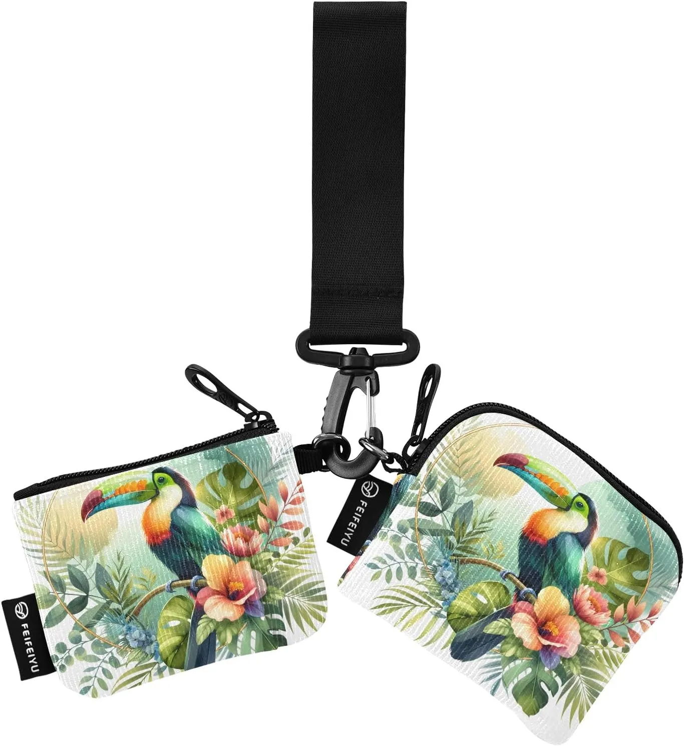 Women Wristlet Coin Purse Keychain Card Wallet Change Pouch Toucan Flower Portable Mini Bags Dual Pouch
