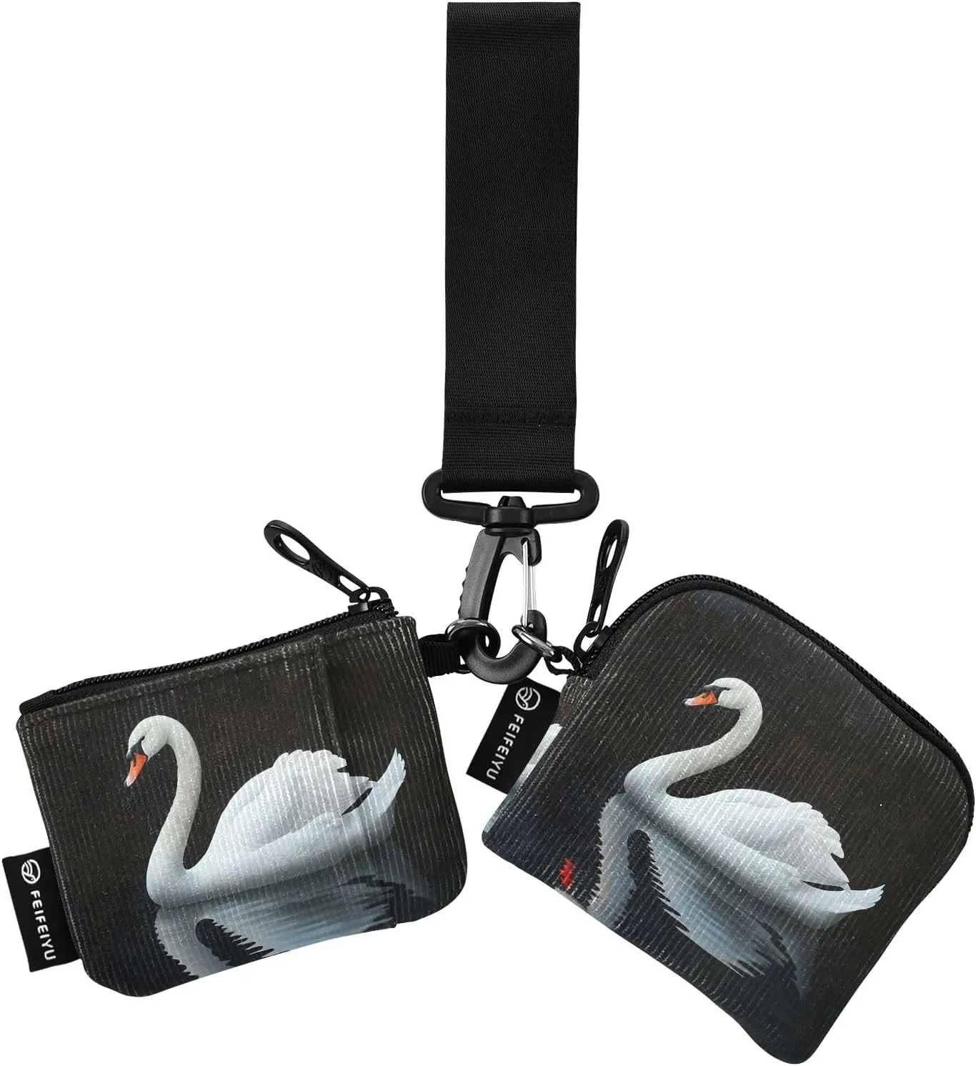 Women Wristlet Coin Purse Keychain Card Wallet Change Pouch White Swan Portable Mini Bags Dual Pouch