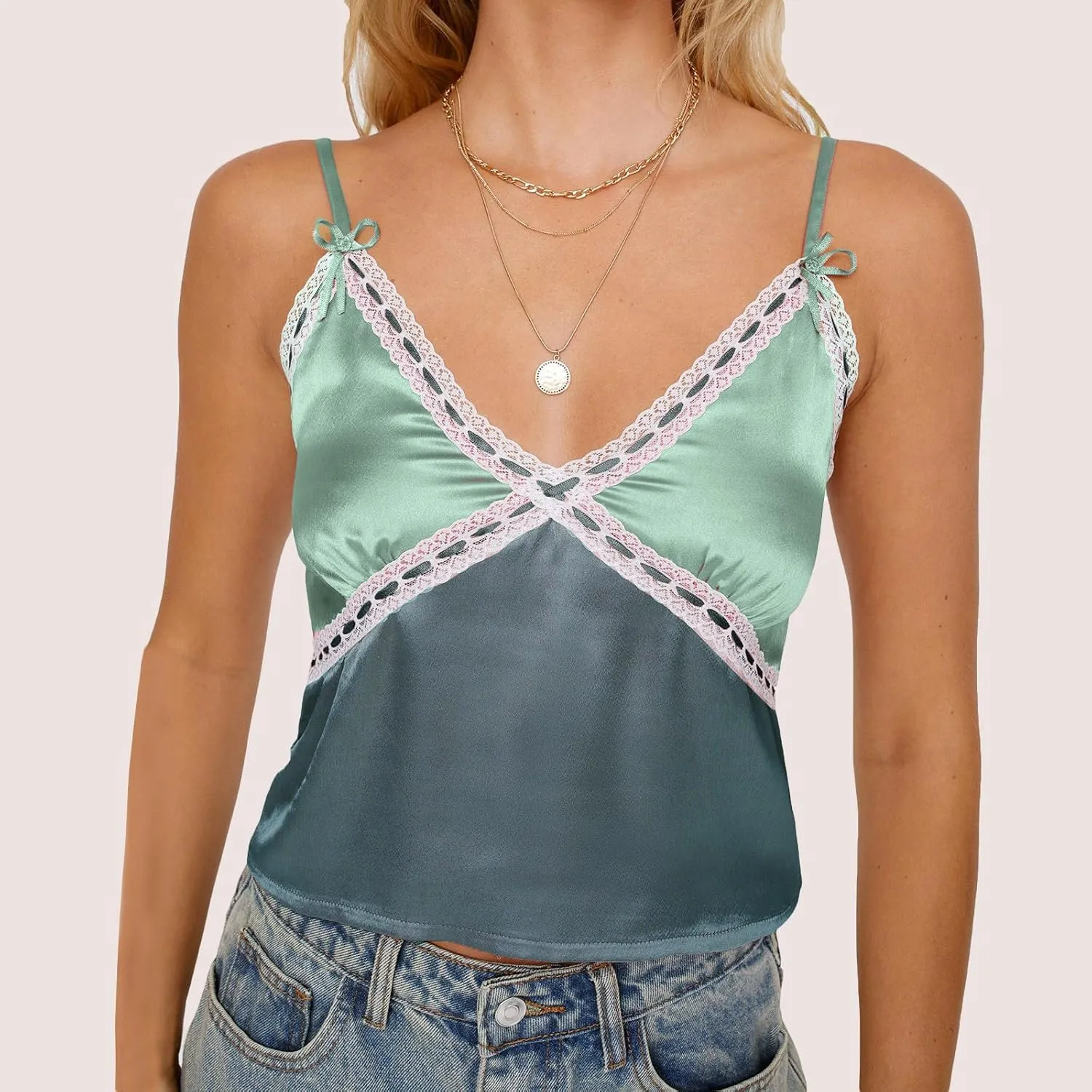 Women Y2k Lace Trim Satin Camisole Pleated Bust Spaghetti Strap Tank Top Backless Silk Cami Shirt Cute Summer Tops 2025