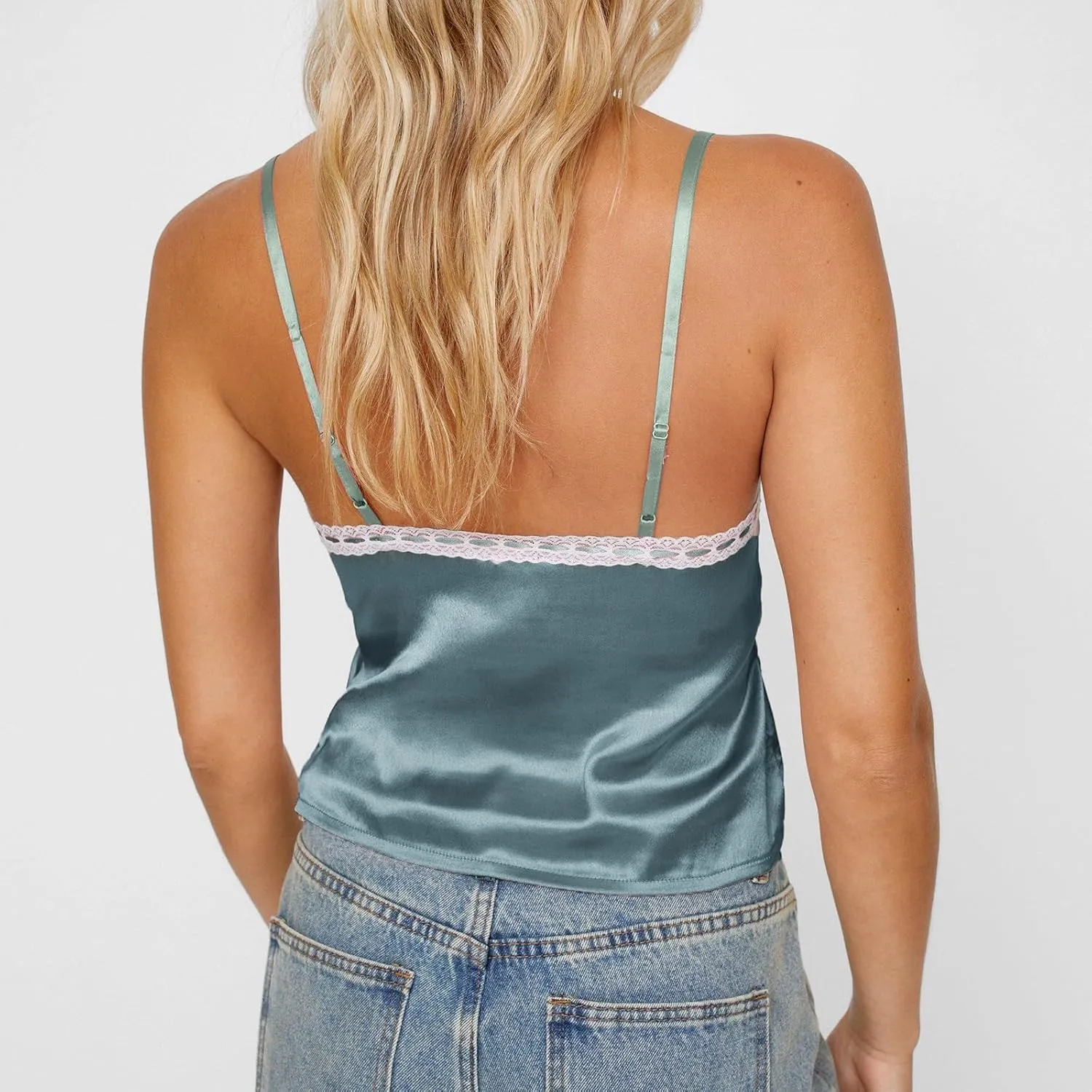 Women Y2k Lace Trim Satin Camisole Pleated Bust Spaghetti Strap Tank Top Backless Silk Cami Shirt Cute Summer Tops 2025