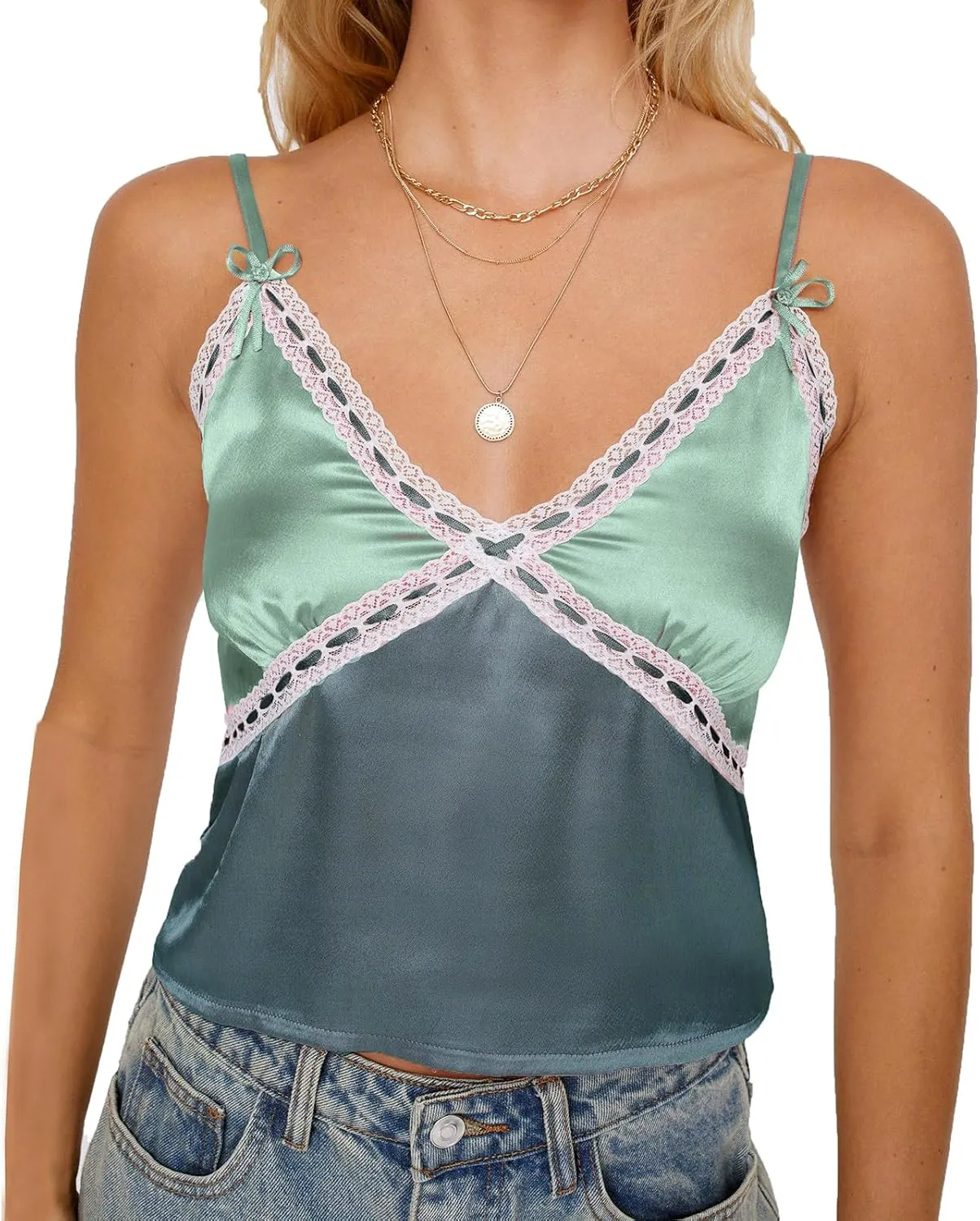 Women Y2k Lace Trim Satin Camisole Pleated Bust Spaghetti Strap Tank Top Backless Silk Cami Shirt Cute Summer Tops 2025