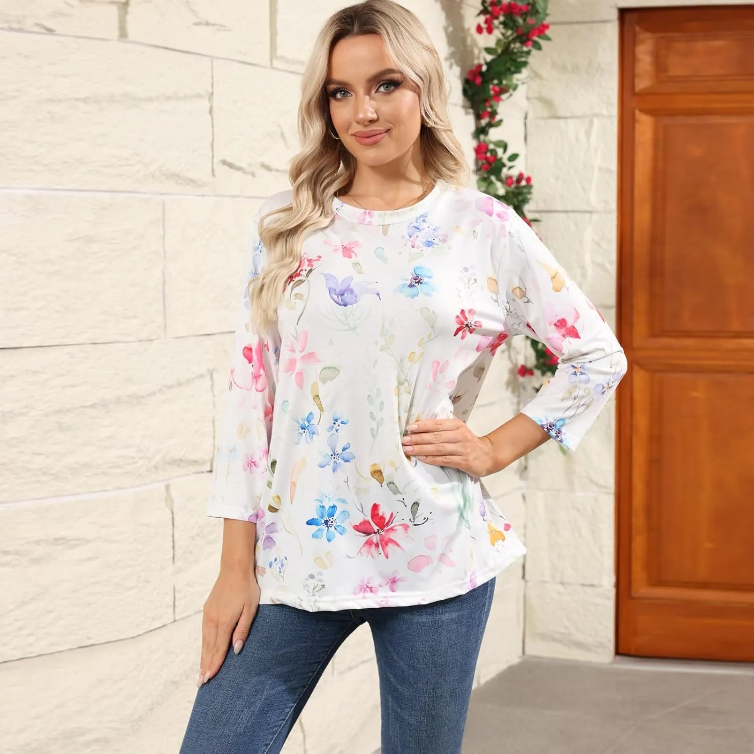 Womens 3/4 Sleeve Tops 2025 Spring Print Round Neck Shirts Loose Fit Three Quarter Sleeve Tshirts