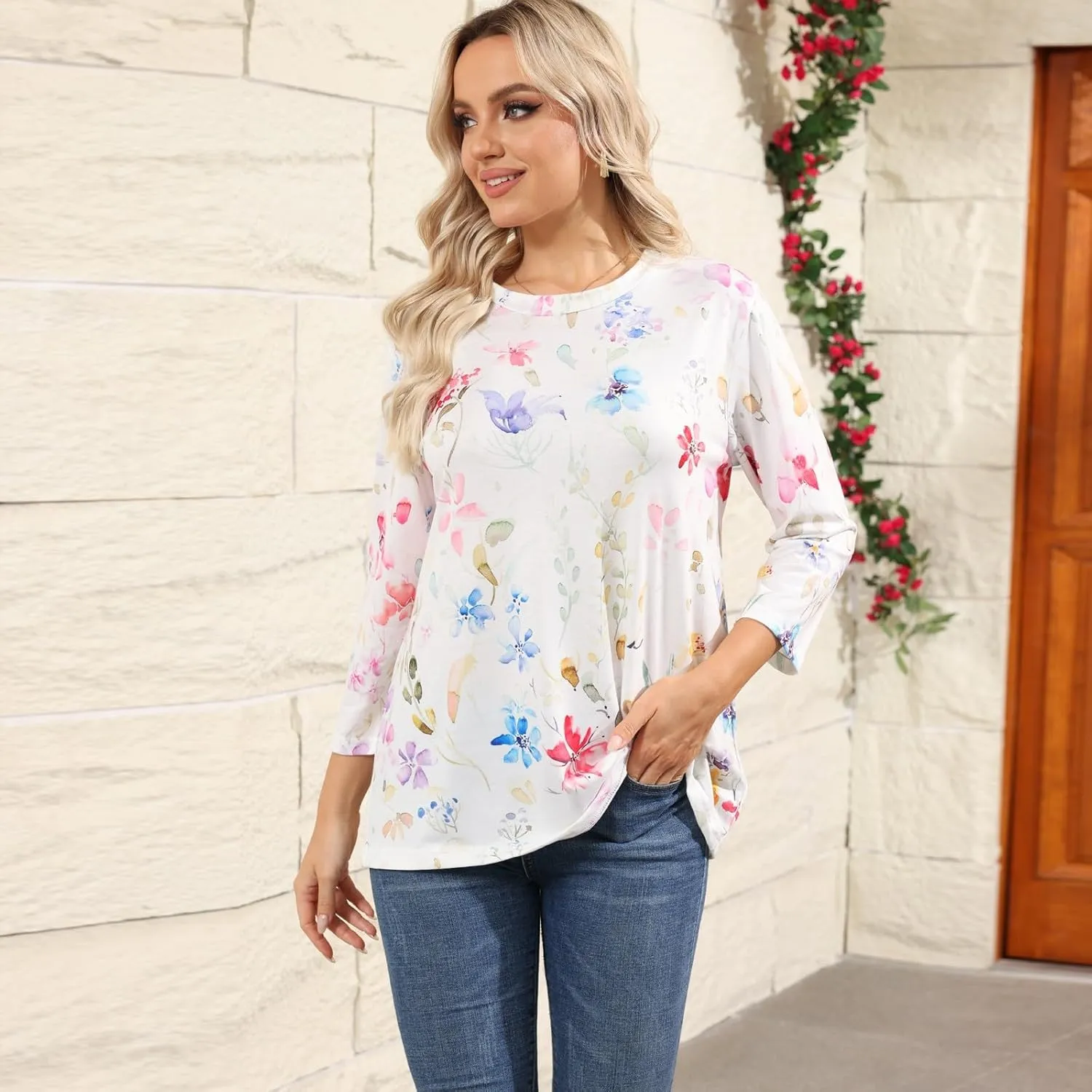 Womens 3/4 Sleeve Tops 2025 Spring Print Round Neck Shirts Loose Fit Three Quarter Sleeve Tshirts
