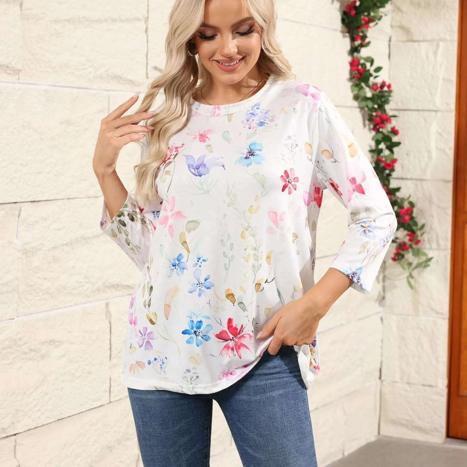 Womens 3/4 Sleeve Tops 2025 Spring Print Round Neck Shirts Loose Fit Three Quarter Sleeve Tshirts