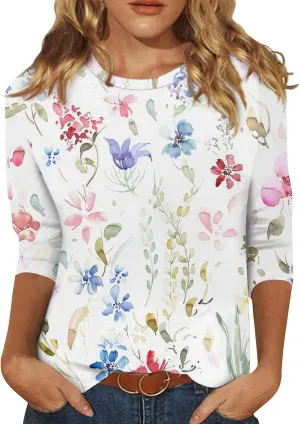 Womens 3/4 Sleeve Tops 2025 Spring Print Round Neck Shirts Loose Fit Three Quarter Sleeve Tshirts