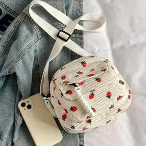 Women's Aesthetic Handbags - Strawberry Print Tote Bag, Strawberry Print Canvas Tote Bag, Casual Hobo Handbag with Zipper