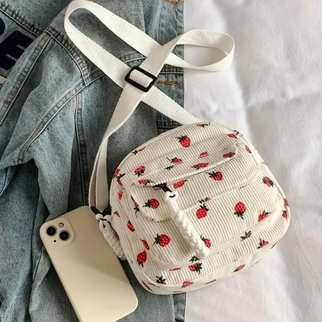 Women's Aesthetic Handbags - Strawberry Print Tote Bag, Strawberry Print Canvas Tote Bag, Casual Hobo Handbag with Zipper