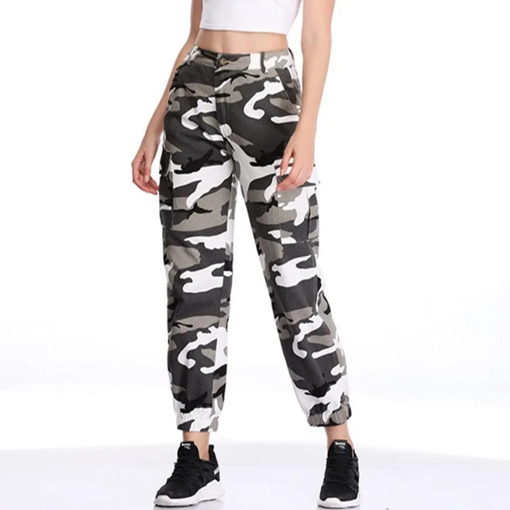 Women's Camo Cargo Pants Elastic High Waist Streetwear Outdoor Camouflage Multi Jogger Sweatpants with Pockets