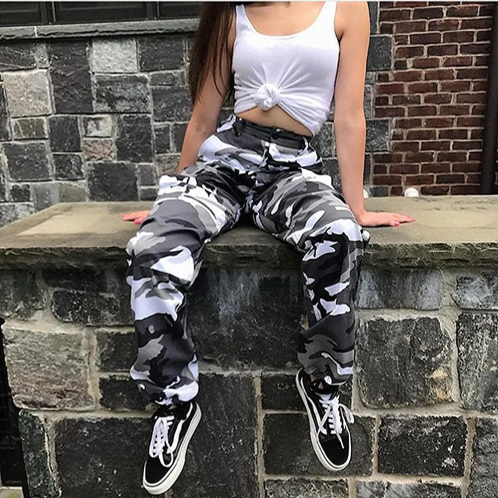 Women's Camo Cargo Pants Elastic High Waist Streetwear Outdoor Camouflage Multi Jogger Sweatpants with Pockets