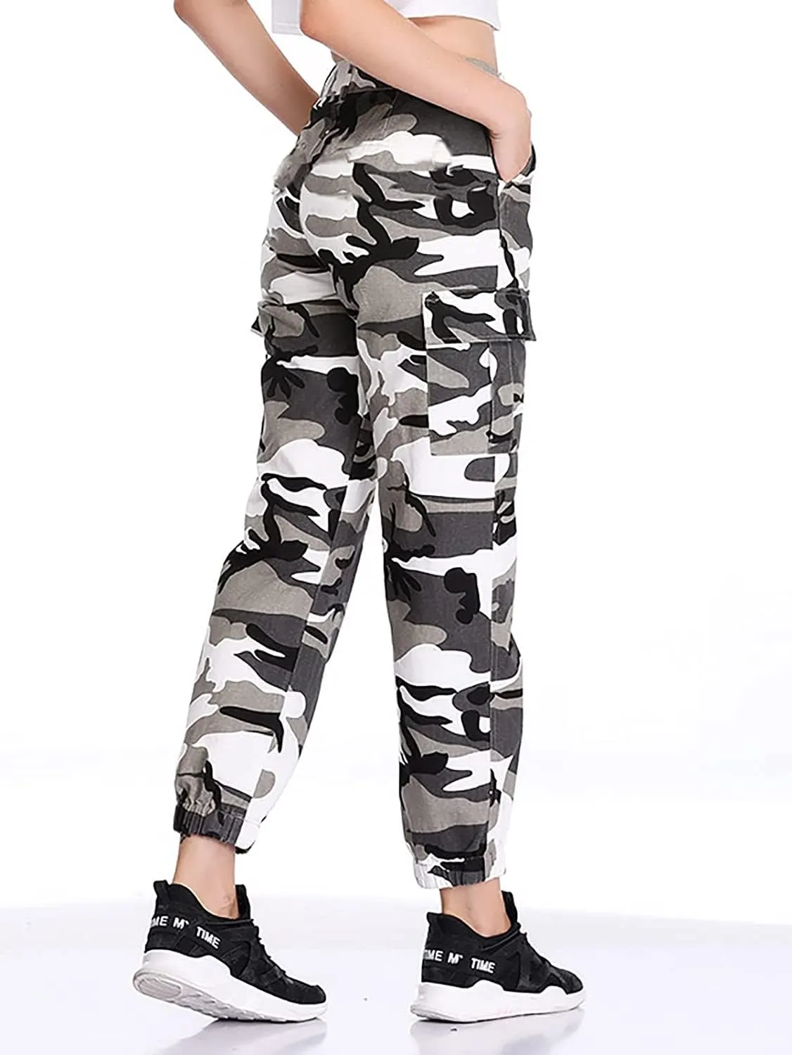 Women's Camo Cargo Pants Elastic High Waist Streetwear Outdoor Camouflage Multi Jogger Sweatpants with Pockets