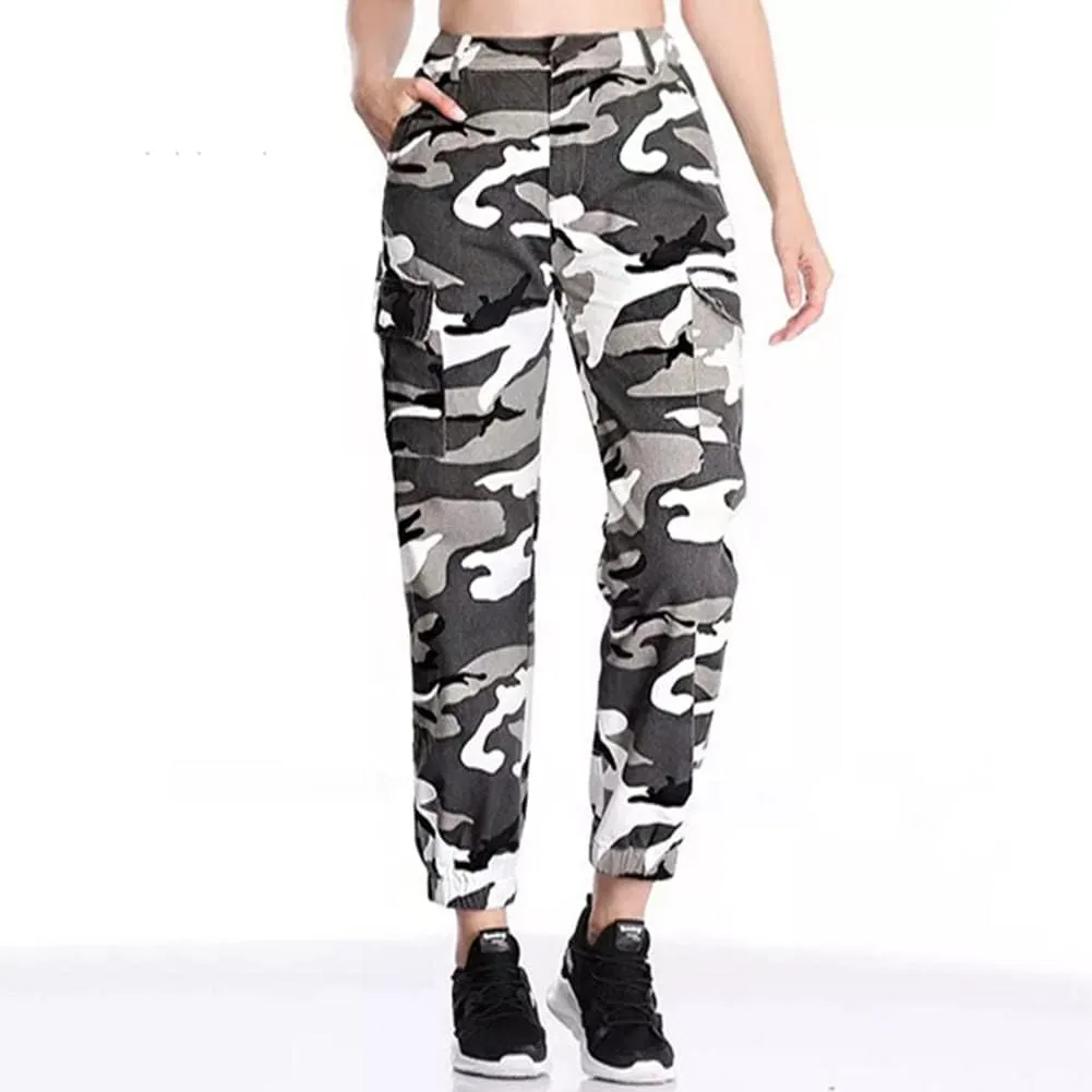 Women's Camo Cargo Pants Elastic High Waist Streetwear Outdoor Camouflage Multi Jogger Sweatpants with Pockets