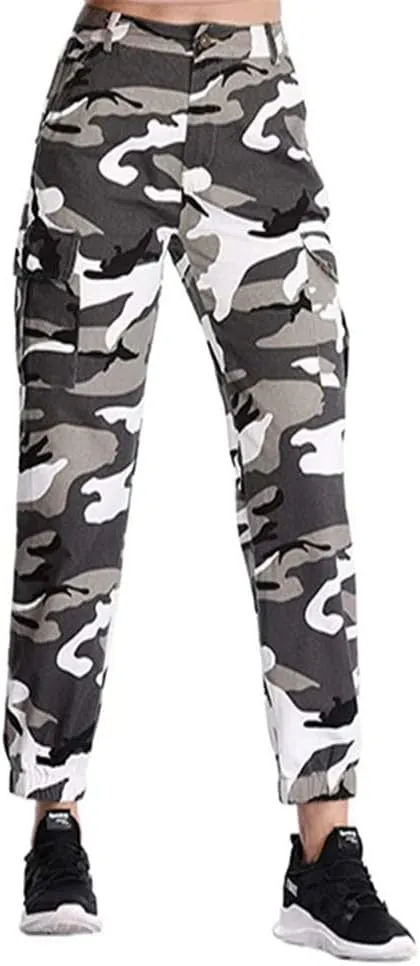 Women's Camo Cargo Pants Elastic High Waist Streetwear Outdoor Camouflage Multi Jogger Sweatpants with Pockets