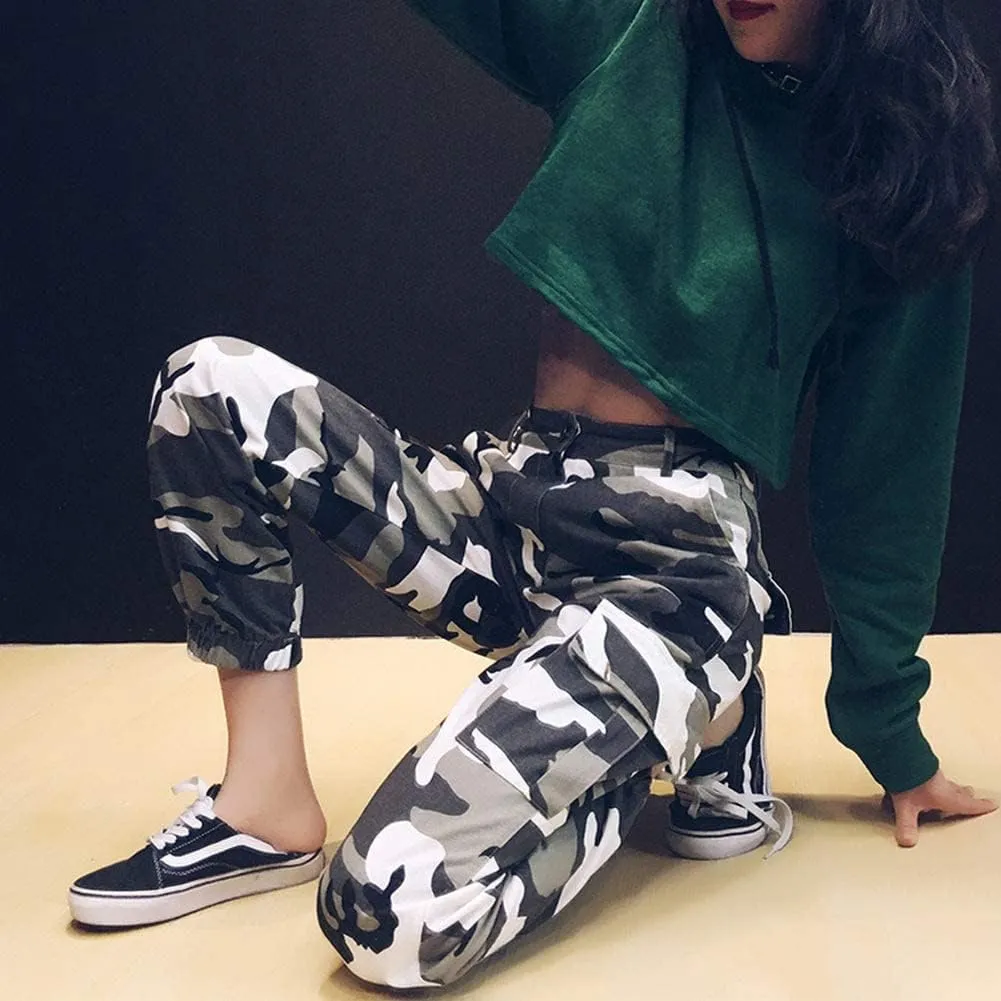 Women's Camo Cargo Pants Elastic High Waist Streetwear Outdoor Camouflage Multi Jogger Sweatpants with Pockets