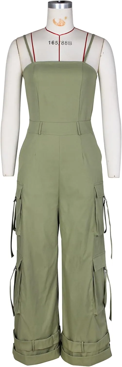 Womens Cargo Jumpsuit Sexy One Piece Outfit Wide Leg Romper Multi Pockets Overalls