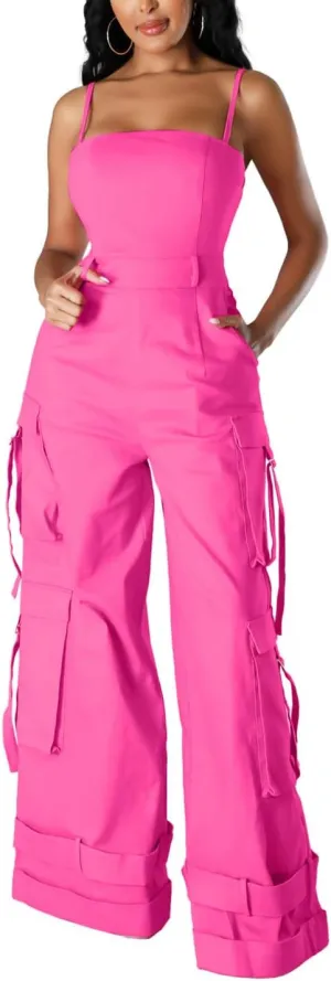 Womens Cargo Jumpsuit Sexy One Piece Outfit Wide Leg Romper Multi Pockets Overalls
