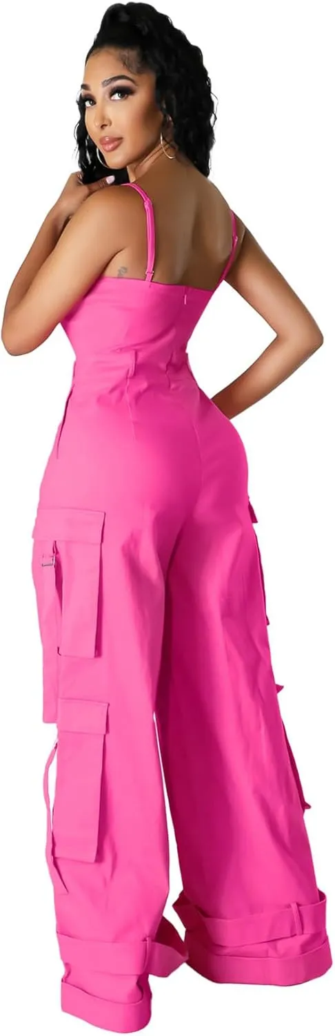 Womens Cargo Jumpsuit Sexy One Piece Outfit Wide Leg Romper Multi Pockets Overalls