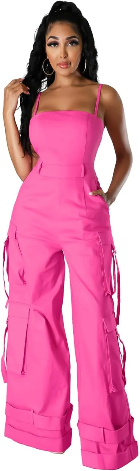 Womens Cargo Jumpsuit Sexy One Piece Outfit Wide Leg Romper Multi Pockets Overalls