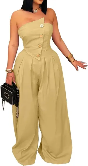Womens Cargo Jumpsuit Sexy Strapless One Piece Outfit Off Shoulder Top Ruched Wide Leg Rompers Overalls