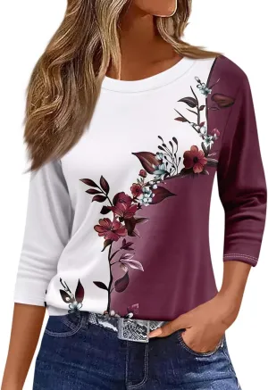 Women's Casual Crew-Neck 3/4 Sleeve Floral Print Loose Blouse Top for Spring Summer Fashion Outfit 2025