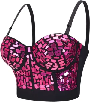 Women's Contrast Sequin Cropped Cami Slim Fit Spaghetti Strap Sparkle Sexy Camisole Rhinestone Corset Glitter Party Clubwear