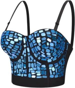 Women's Contrast Sequin Cropped Cami Slim Fit Spaghetti Strap Sparkle Sexy Camisole Rhinestone Corset Glitter Party Clubwear