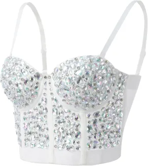 Women's Contrast Sequin Cropped Cami Slim Fit Spaghetti Strap Sparkle Sexy Camisole Rhinestone Corset Glitter Party Clubwear