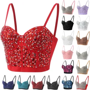 Women's Contrast Sequin Cropped Cami Slim Fit Spaghetti Strap Sparkle Sexy Camisole Rhinestone Corset Glitter Party Clubwear