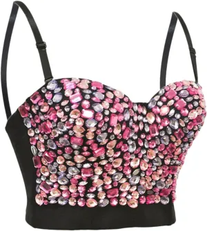Women's Contrast Sequin Cropped Cami Slim Fit Spaghetti Strap Sparkle Sexy Camisole Rhinestone Corset Glitter Party Clubwear