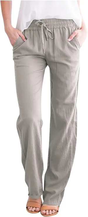 Women's Cotton Linen Pants 2025 Summer Elastic Waist Straight Leg Relax Comfy Solid Color Casual Lounge Long Trouser