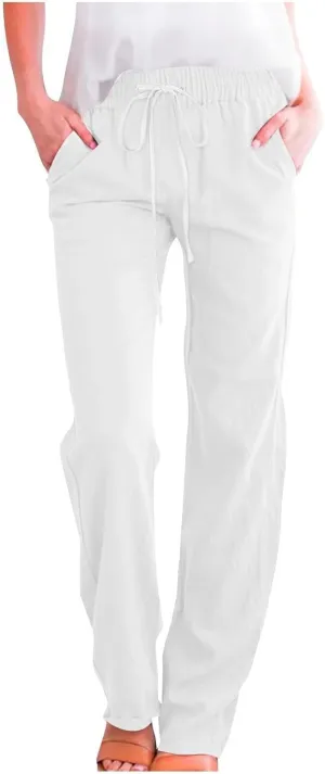 Women's Cotton Linen Pants 2025 Summer Elastic Waist Straight Leg Relax Comfy Solid Color Casual Lounge Long Trouser