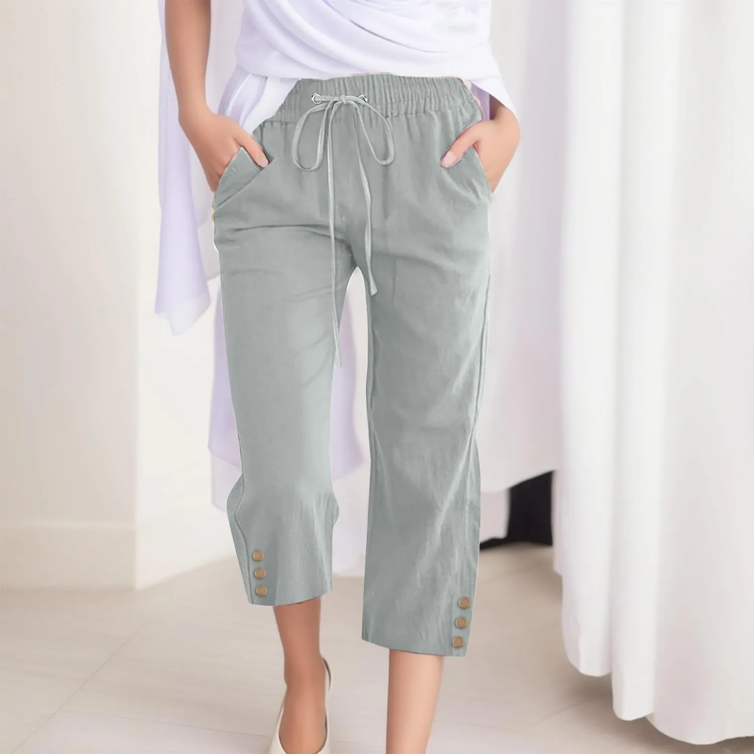 Womens Cotton Linen Pants 2025 Summer Floral Print Casual Drawstring High Waist Capri Yoga Trousers with Pockets