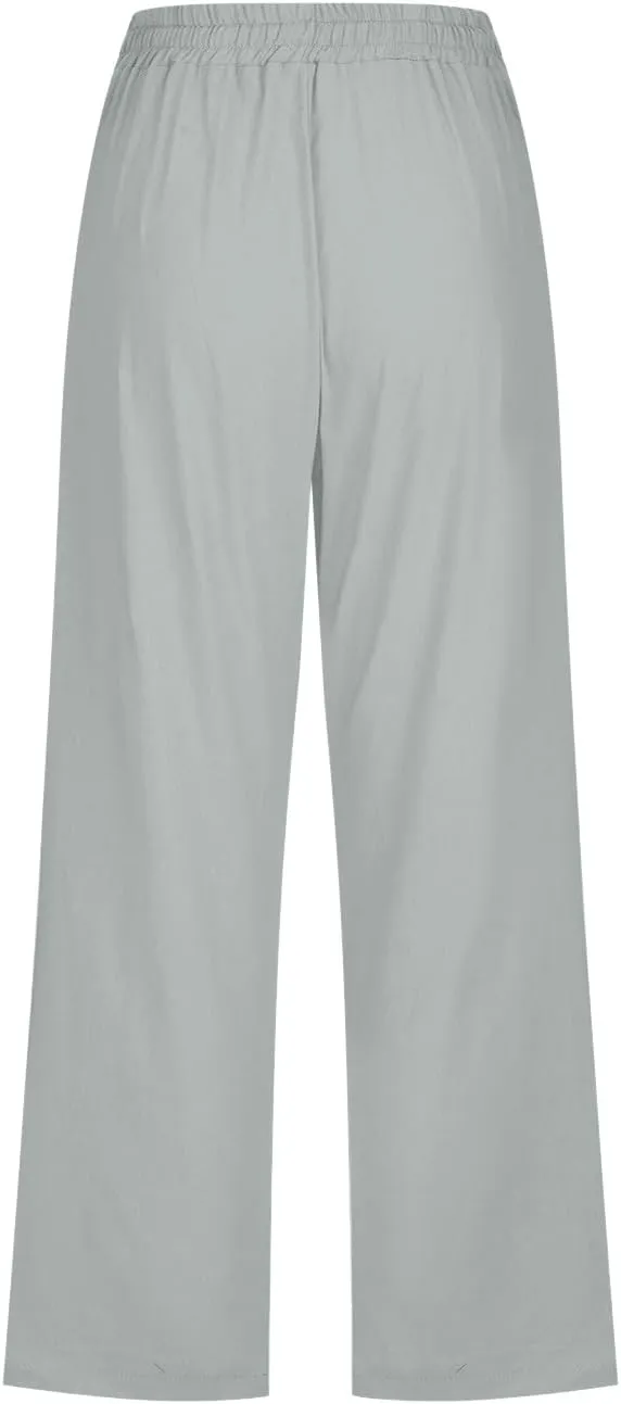 Womens Cotton Linen Pants 2025 Summer Floral Print Casual Drawstring High Waist Capri Yoga Trousers with Pockets