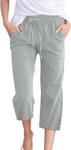 Womens Cotton Linen Pants 2025 Summer Floral Print Casual Drawstring High Waist Capri Yoga Trousers with Pockets